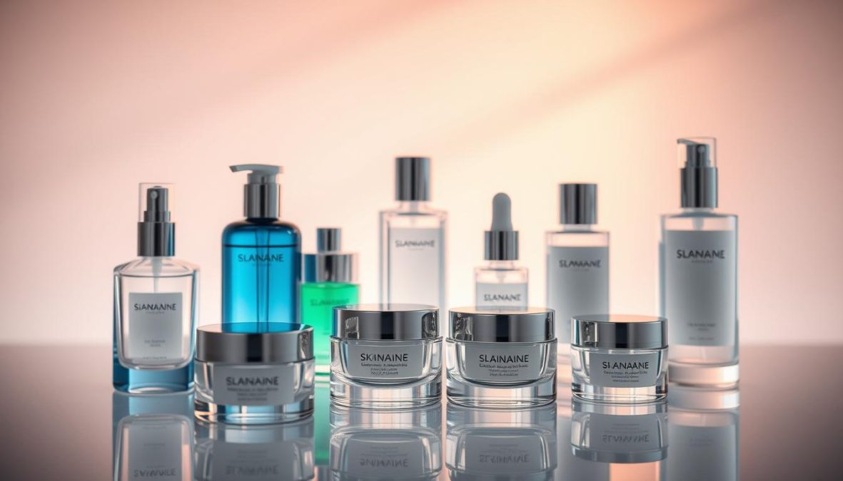 A vibrant, high-resolution image showcasing the new era of skincare-focused beauty trends in 2025. Capture a clean, minimalist aesthetic with sleek glass bottles and jars displaying cutting-edge skincare products. Arrange the items in a dynamic, asymmetrical composition, accentuated by soft, diffused lighting. Convey a sense of sophistication and innovation, reflecting the industry's shift towards prioritizing skin health and wellness. Subtle details like reflections, shadows, and highlights should enhance the premium, high-quality feel. Overall, the image should exude a sense of modernism, elegance, and the transformative power of the skincare-first revolution.