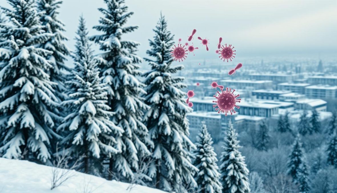 Shot on Sony A7R IV 70mm, clearly focused, sharply defined, polarizer filter, Hyper-candid, 8K. A breathtaking winter landscape with towering evergreen trees blanketed in pristine snow. In the foreground, a vibrant depiction of the human immune system, represented by an intricate network of cells, antibodies, and other defensive mechanisms. The middle ground showcases the challenges faced by the immune system, with germ-like entities and environmental stressors looming ominously. The background depicts a stark, icy cityscape, hinting at the harsh realities of the 2025 winter season. The image conveys a sense of resilience and determination, as the immune system battles to maintain its strength in the face of adversity.