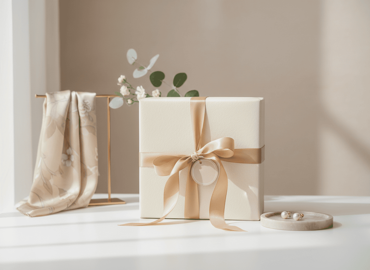 Elegant gift box with silk ribbon, surrounded by delicate fashion accessories and greenery, styled on a minimalist background.