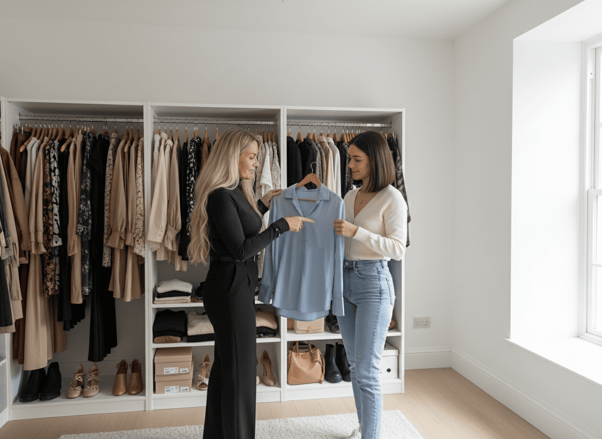 Personal stylist Michelle Barrett advising a client during a wardrobe styling session at home, reviewing clothing choices in front of an organised wardrobe.