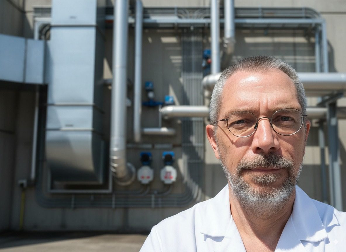 Dr Frank Peter mit weißem Laborkittel in einer Raffinerie