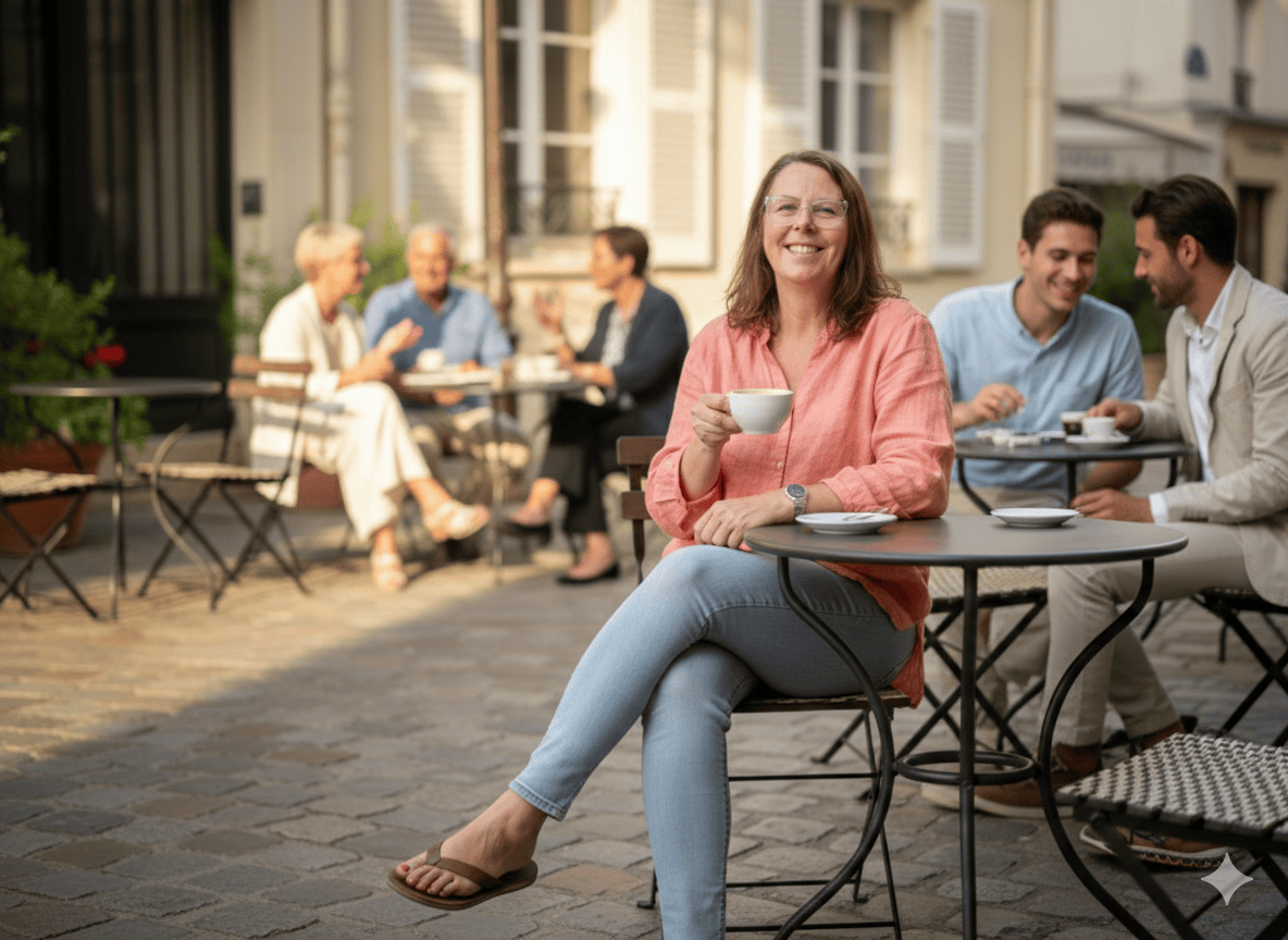 Eine Frau im mittleren Alter sitzt in einem französischen Café. Um sie herum sitzen andere Menschen und plaudern