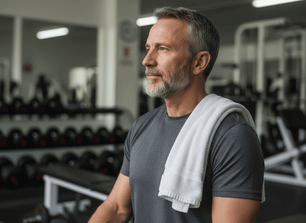 man in his 50s resting between sets at the gym