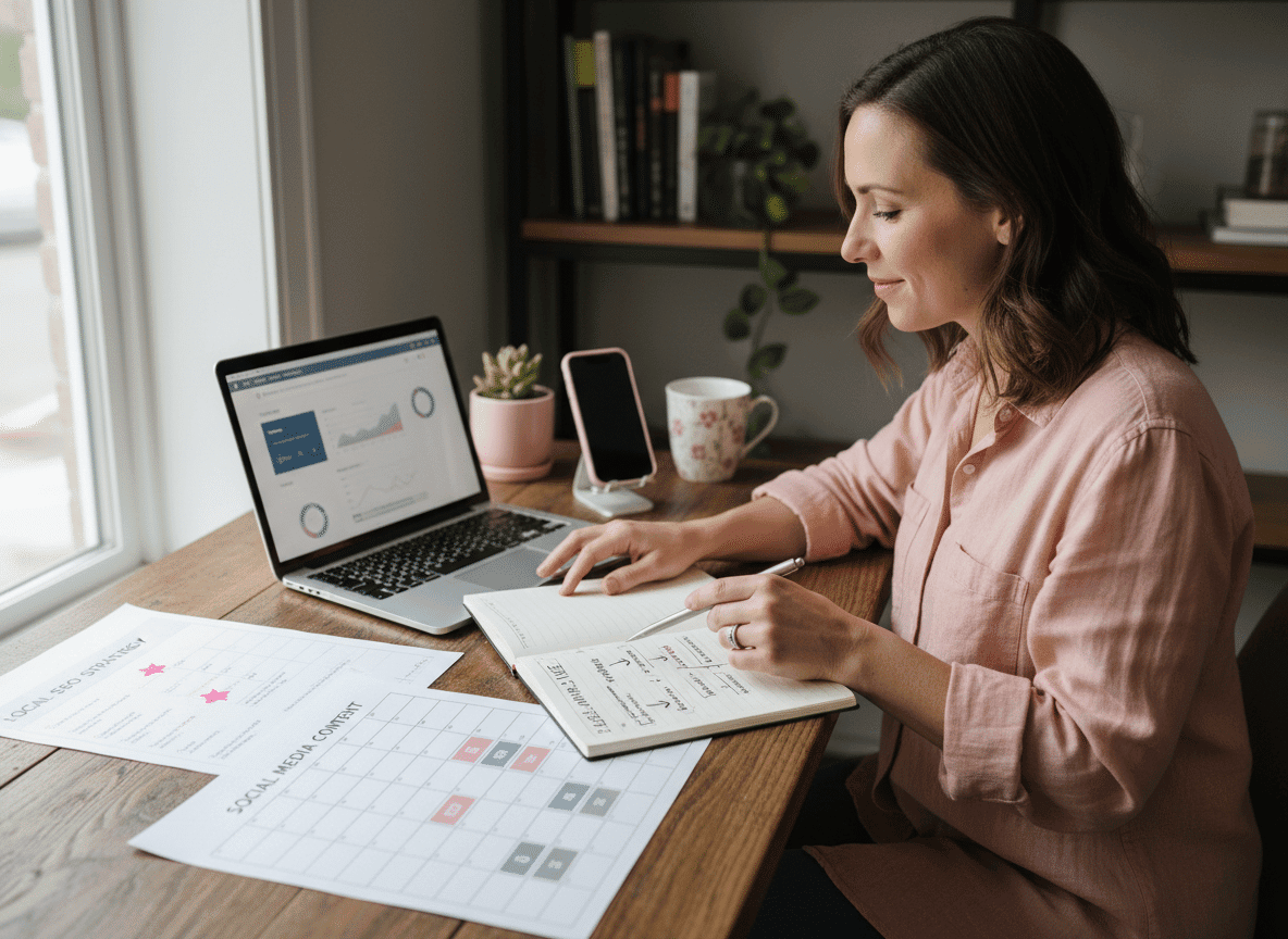 Small-business owner coordinating website, email, social media, and Google marketing channels.