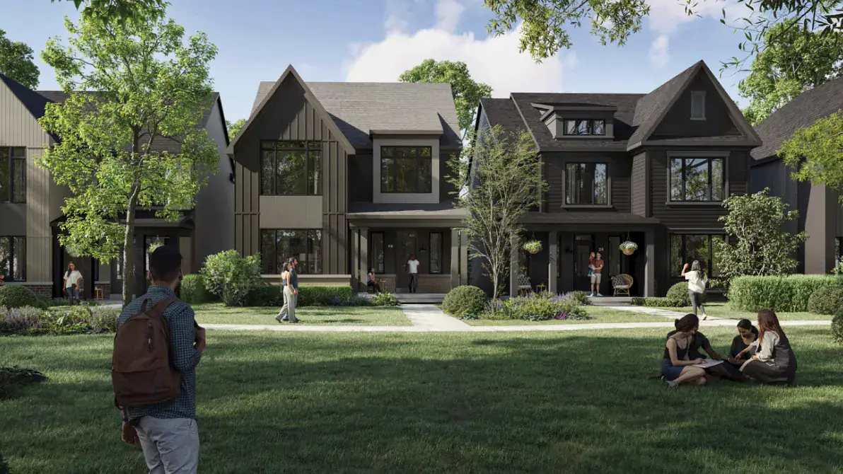 Streetscape rendering of the Base Living residential development featuring modern two-story single-family homes with dark gray and brown siding, front porches, manicured lawns, and neighbors interacting outdoors.