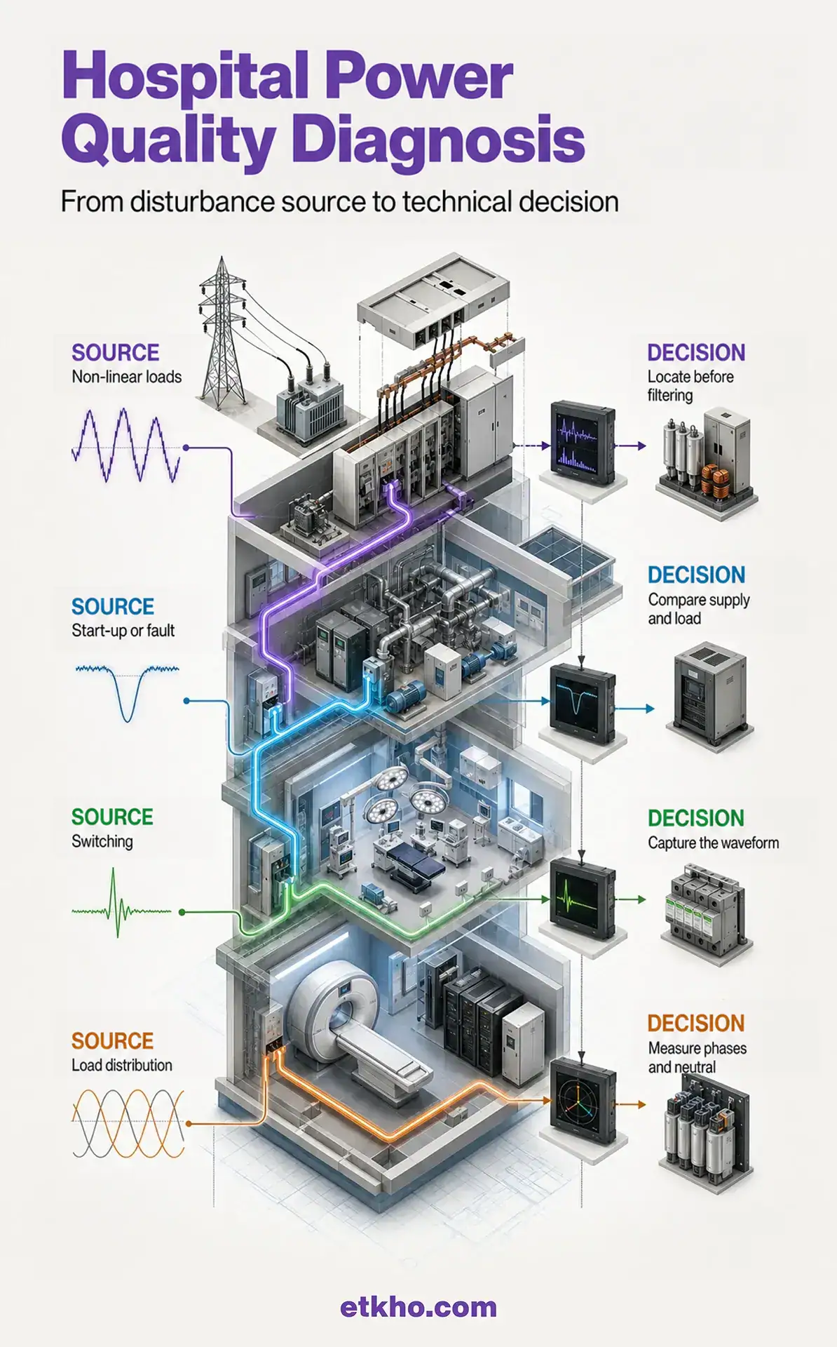 Isometric map of hospital power quality diagnostics Isometric infographic showing the diagnosis of electrical disturbances in a hospital