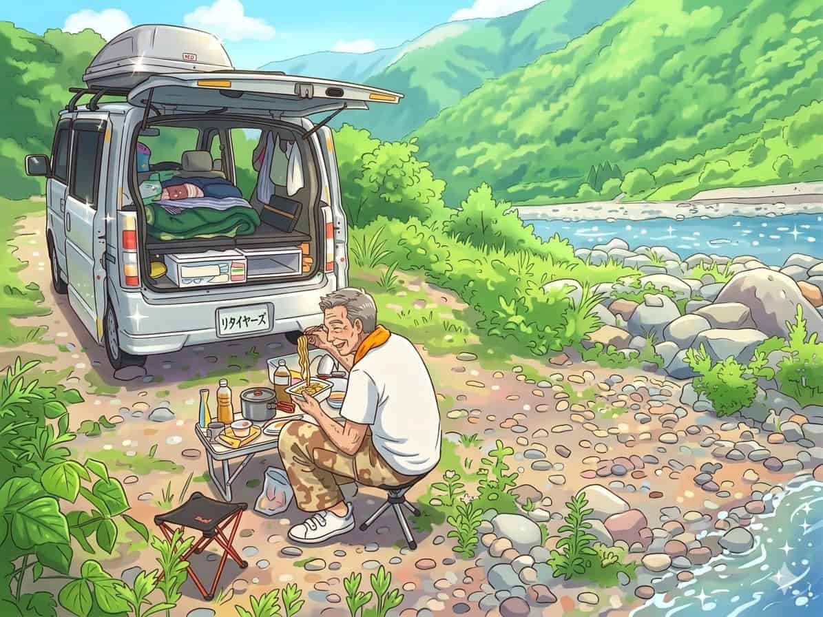 車中泊川原でランチ