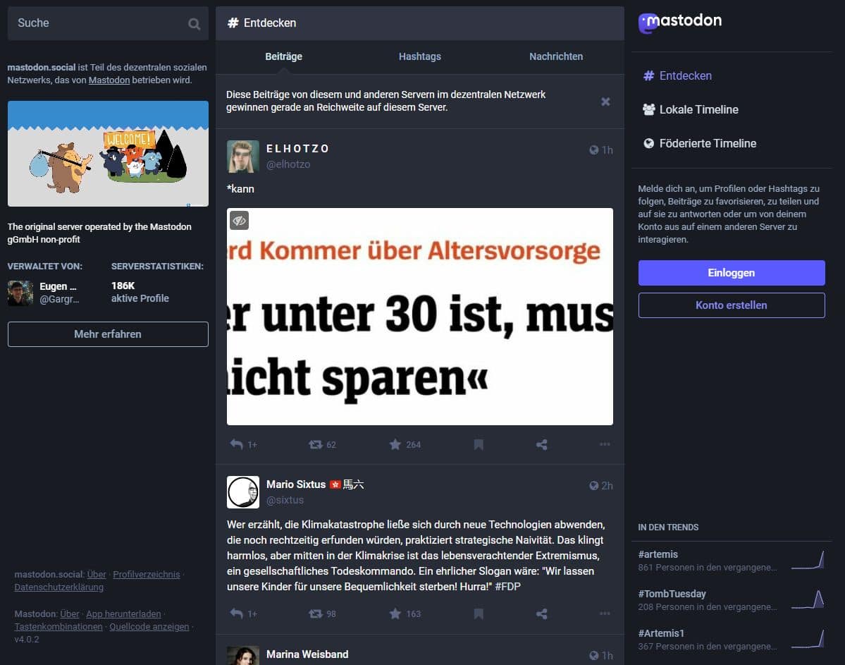 Mastodon - so sieht's aus, wenn man keinen Account hat (Screenshot)