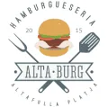 Logo restaurante Altaburg una hamburguesa dibujada con dos herramientas de cocina típica del BBQ, Fondo blanco