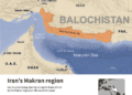 Infographic with a map shows Makran region in southern Iran, Balochistan, where government is considering relocating its capital