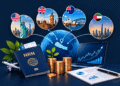 NRN investment in Nepal illustrated with US, UK, Australia and UAE connections, Nepal globe, passport, investment coins, stock growth chart and financial documents