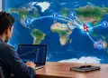 NRN investor working on a laptop with a global map showing international money flows converging on Nepal, representing foreign-currency investment and remittance to Nepal