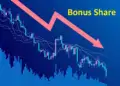 Financial stock chart showing a downward trend with "Bonus Share" text in yellow at the top right, illustrating stock price adjustment