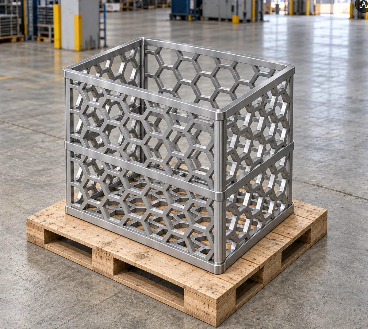 Rectangular honeycomb furnace basket standing on a wooden pallet