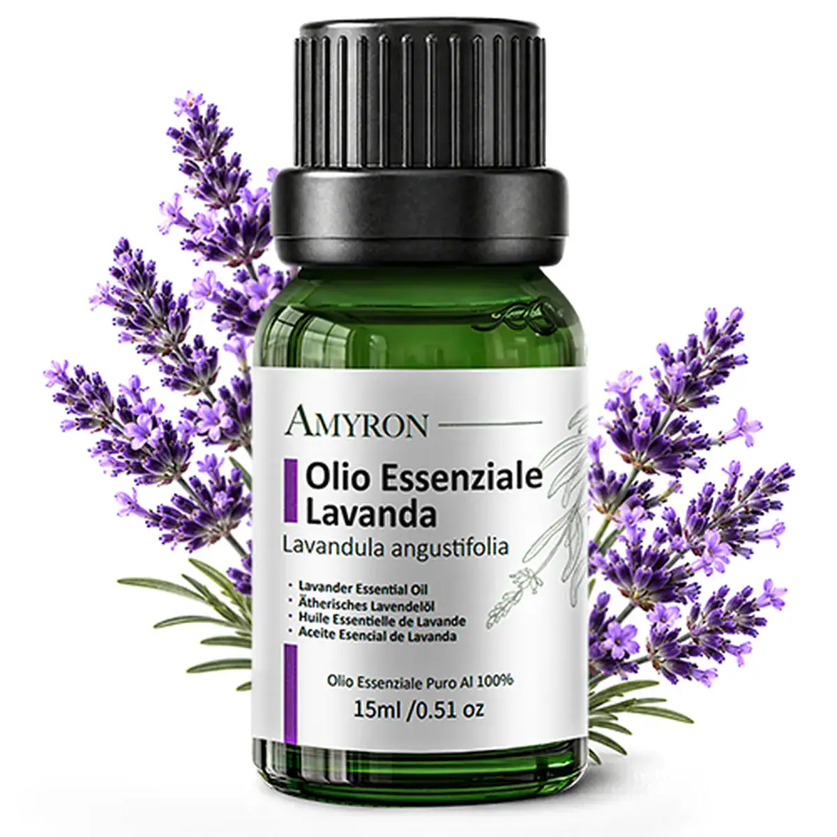 Flacone da 15 ml di olio essenziale di lavanda puro AMYRON con lavanda in fiore