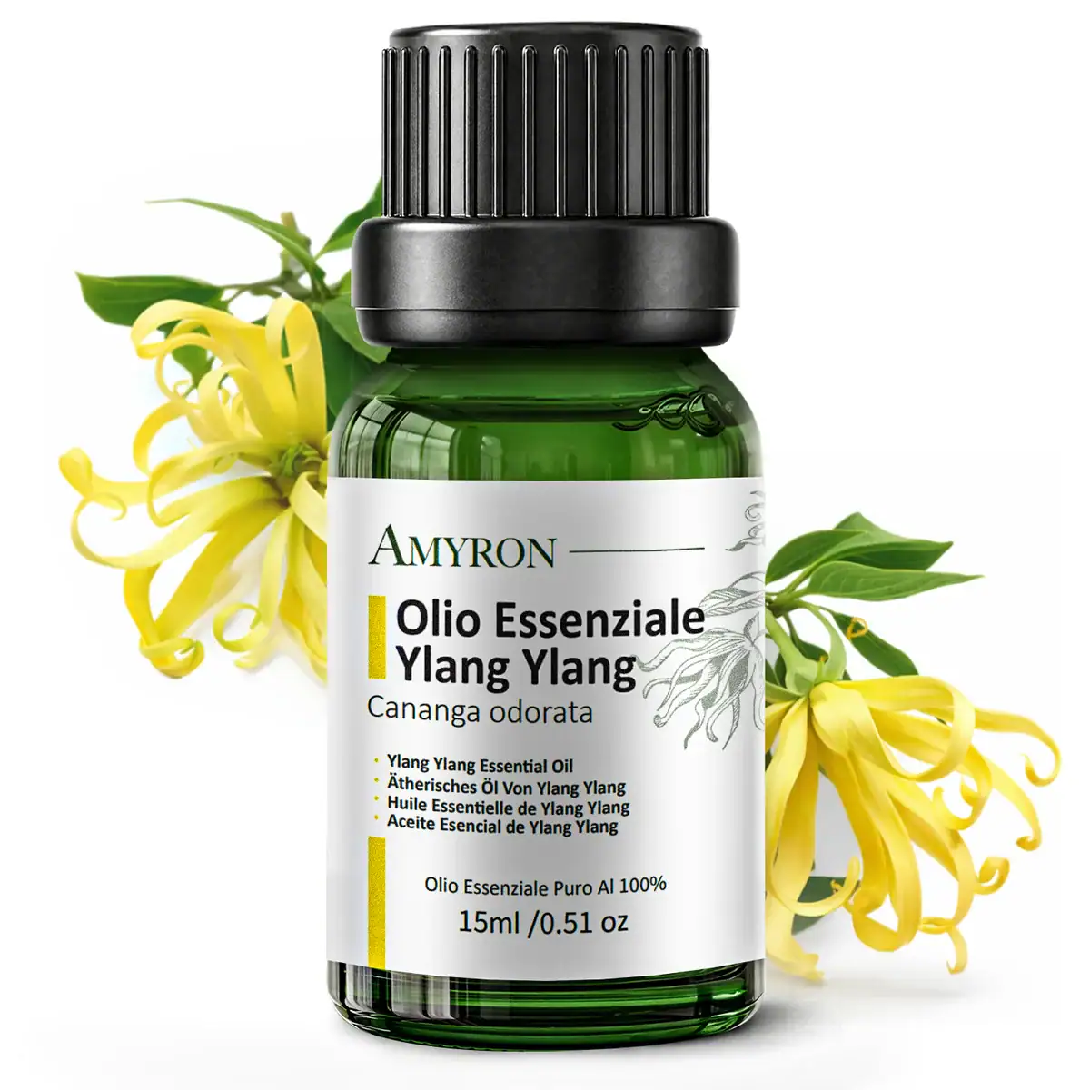 Flacone da 15 ml di olio essenziale Ylang Ylang puro AMYRON con fiore di Ylang Ylang e foglie naturali su sfondo bianco.
