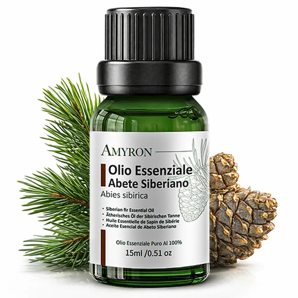Olio essenziale di Abete Siberiano AMYRON puro 100% da 15 ml con rami e pigne di Abies sibirica