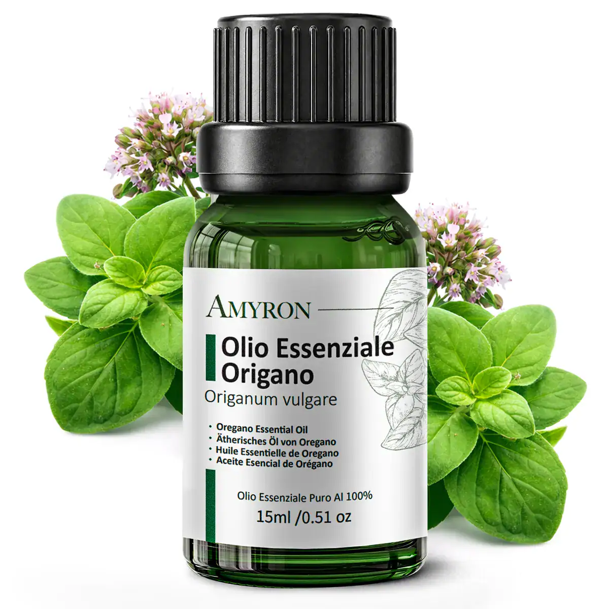 Olio essenziale di origano puro 100% naturale AMYRON in flacone da 15 ml con foglie di origano