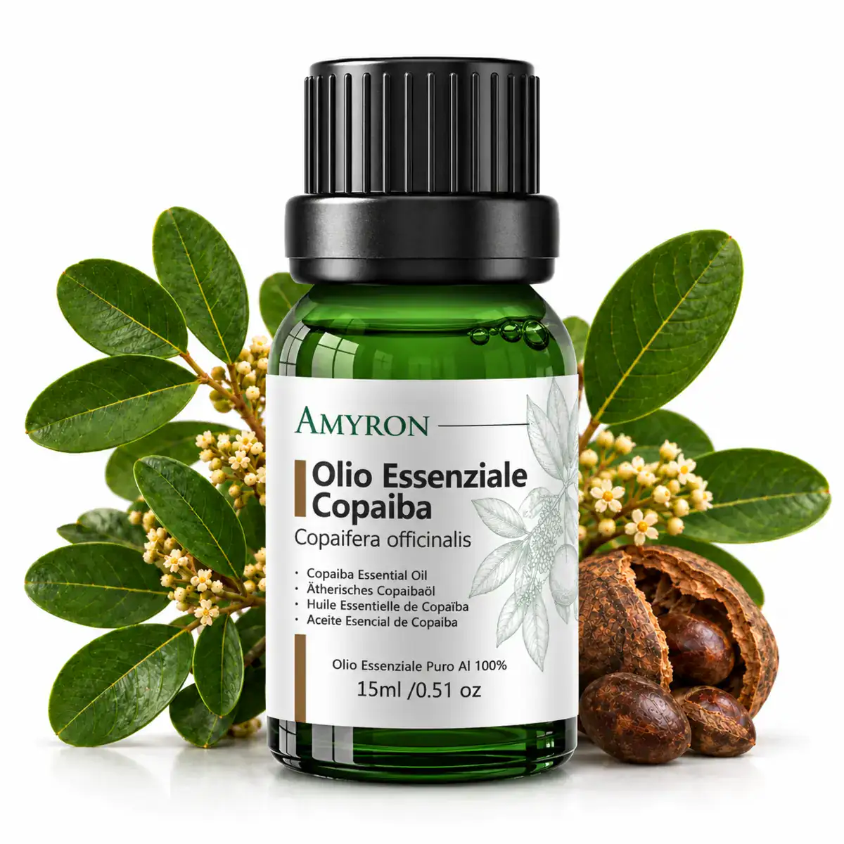 Olio essenziale di Copaiba puro AMYRON da 15 ml con foglie e frutti di Copaifera officinalis