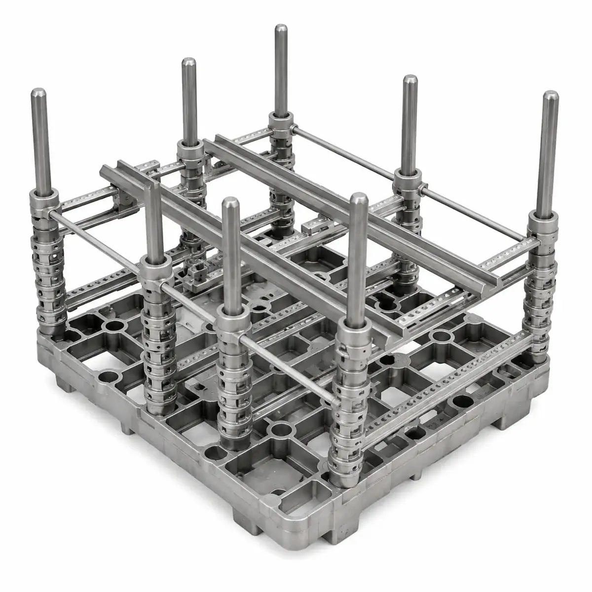 Rectangular frame heat treatment fixture with crossbars and vertical positioning posts