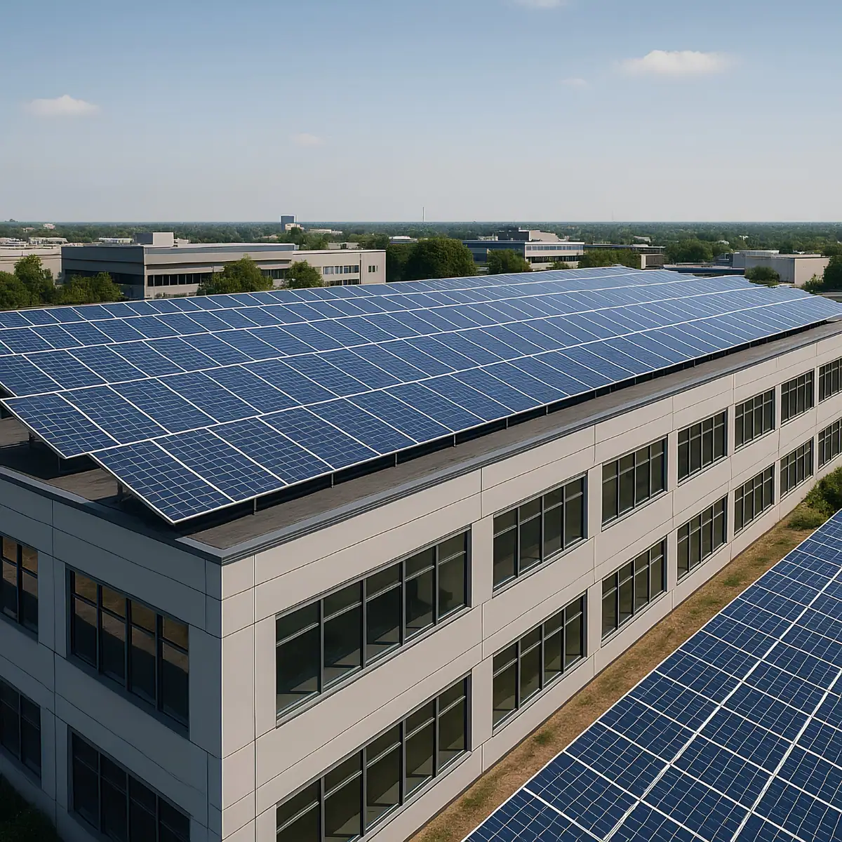 solar panel grid on a warehouse roof-solar harvest