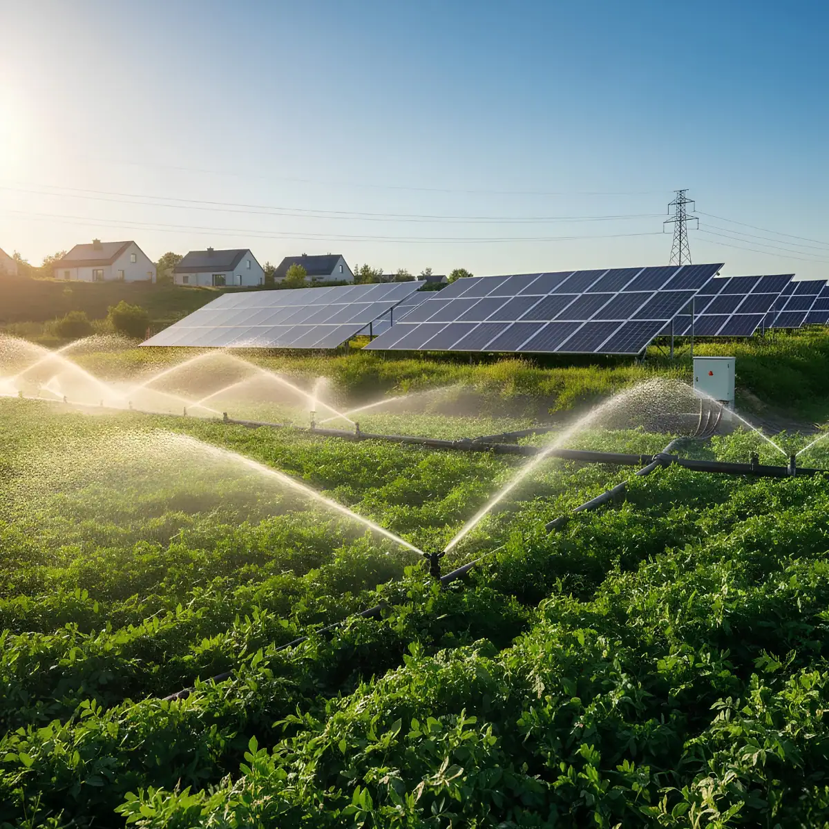 Sprinklers spraying a farm with solar panels in the rear