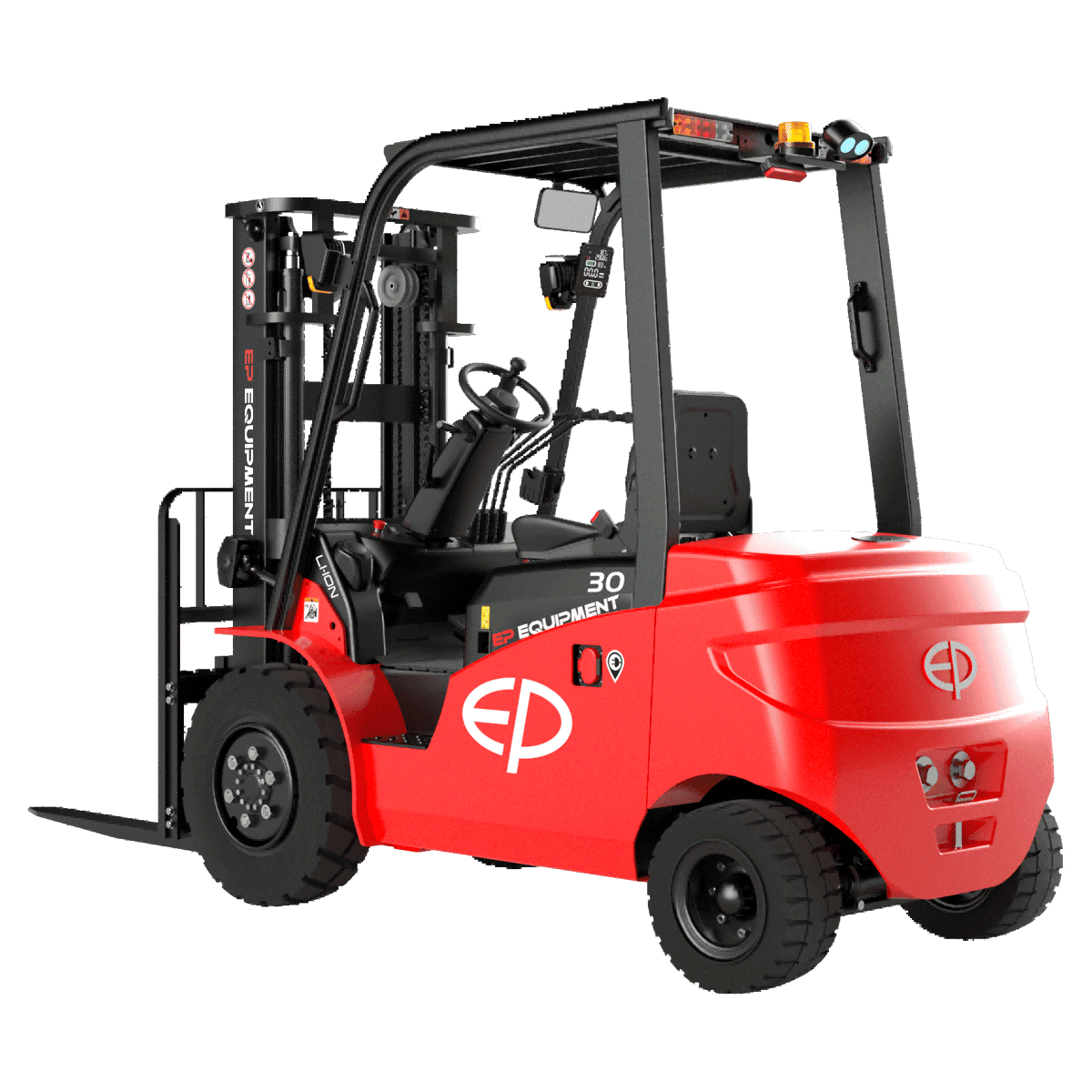 Montacargas de cuatro ruedas con estructura robusta, perfecto para manejar cargas pesadas en entornos industriales.