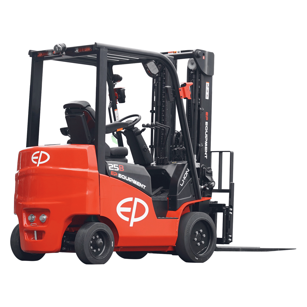 Montacargas eléctrico de tres ruedas con cabina abierta, ideal para operaciones en almacenes y distribución.