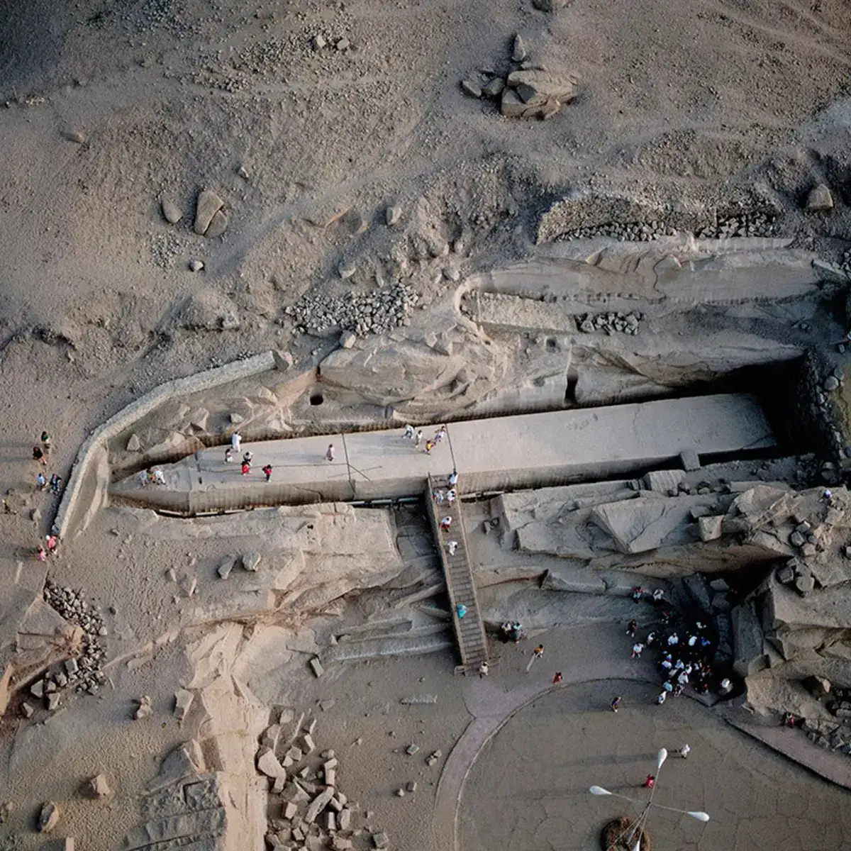 Aerial view showing the scale of the Unfinished Obelisk in Aswan quarry