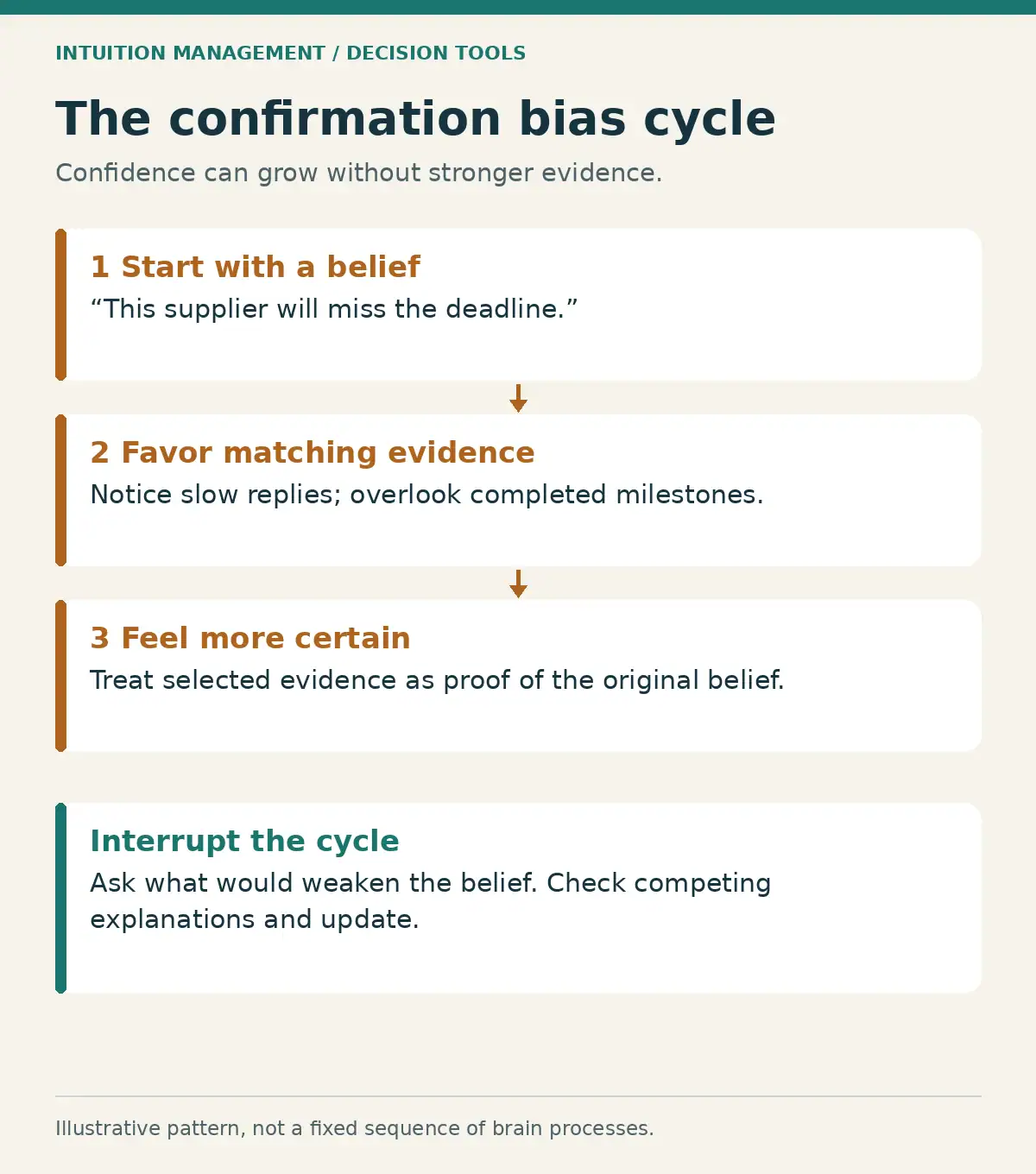 Illustrative confirmation bias cycle: initial belief, matching evidence, stronger confidence, and a checking step