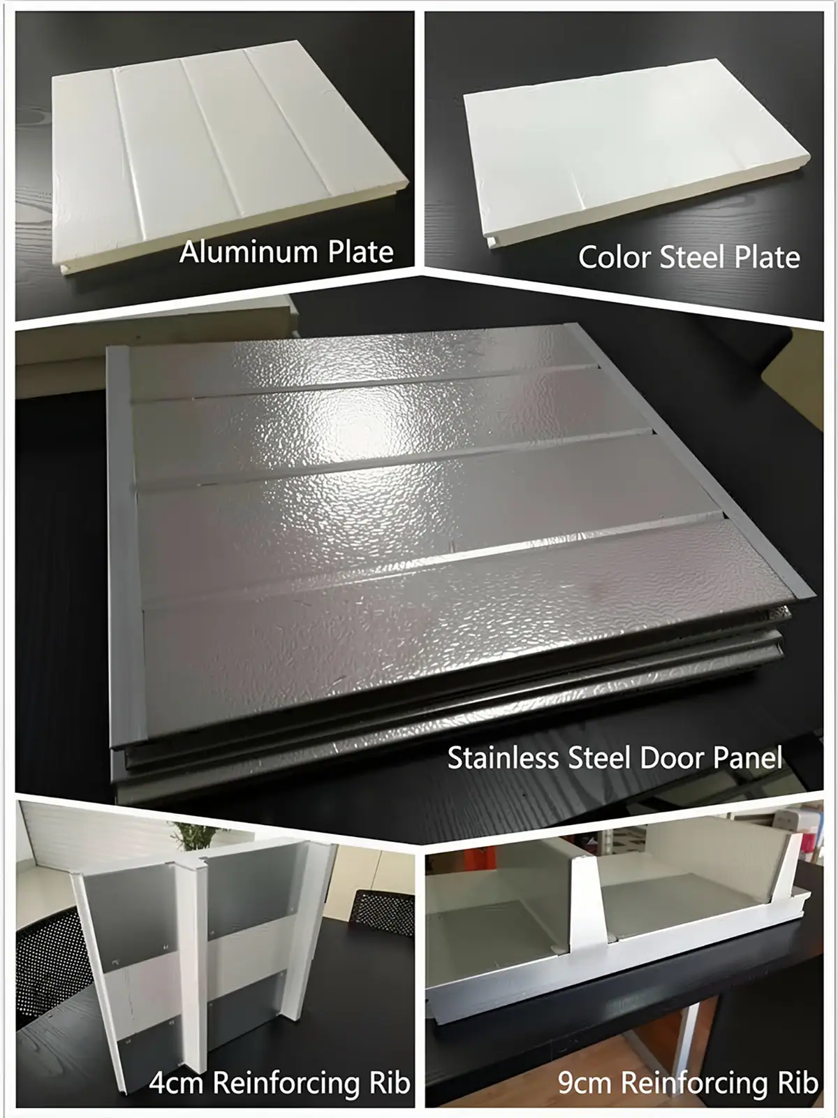 Close-up display of ABX heavy-duty panels for sectional door systems, showcasing aluminum, steel, and stainless steel options with internal reinforcing ribs for maximum structural rigidity.