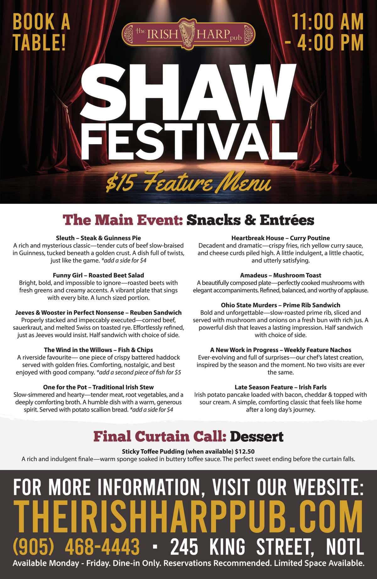 Shaw Festival Lunch Menu at The Irish Harp Pub in Niagara-on-the-Lake