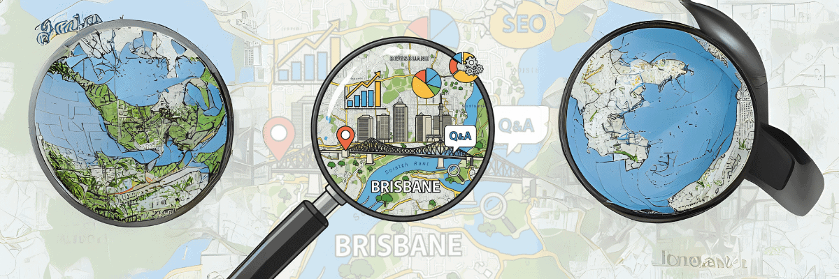_An illustration of a magnifying glass zeroing in on a map of Brisbane, symbolizing the targeted approach of Local SEO Services in Brisbane.