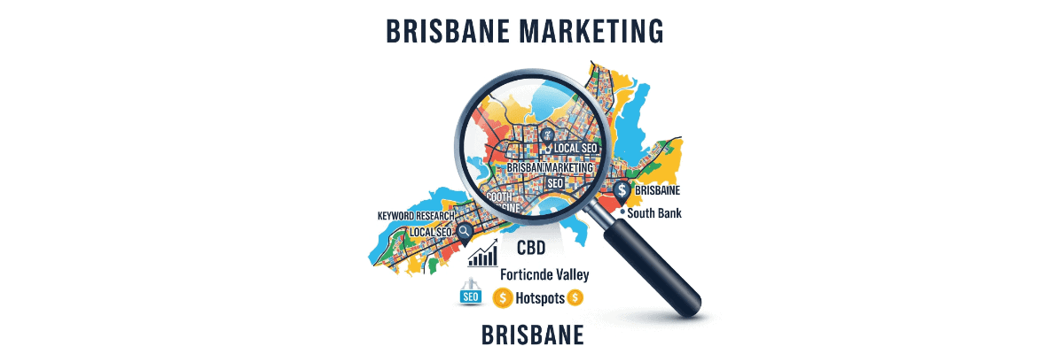 An image for a blog post about Brisbane SEO marketing, depicting keyword research with a magnifying glass over a map of Brisbane.