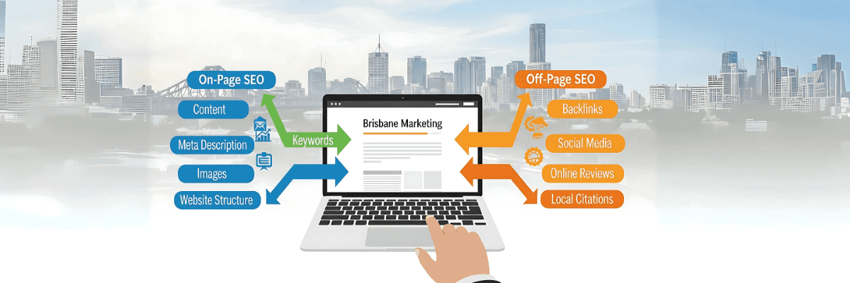 An image for a blog post about Brisbane SEO marketing, showing the concept of on-page and off-page SEO with a website and arrows pointing to and from it