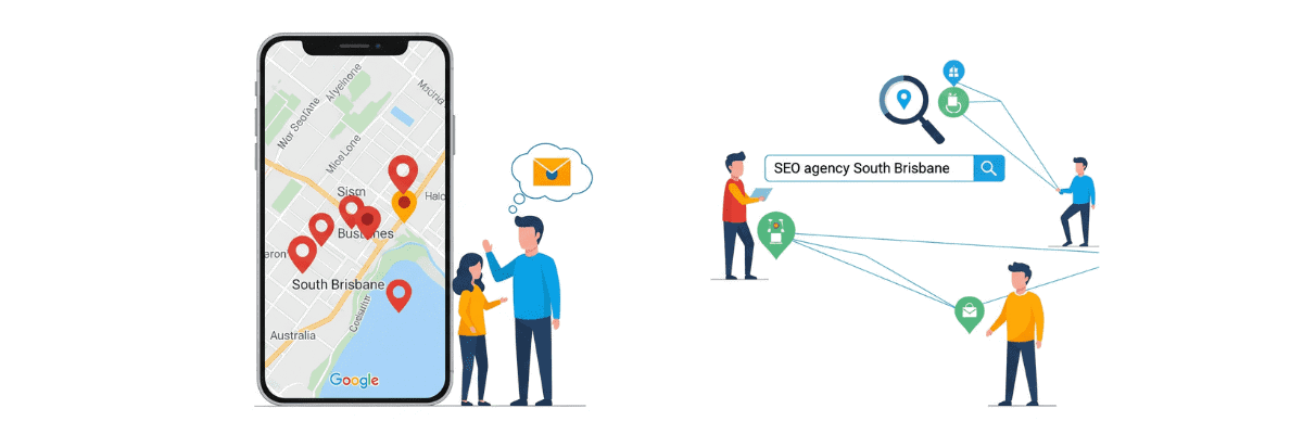 SEO agency Google Maps highlighting SEO agency South Brisbane for local search results Brisbane team optimizing websites with Brisbane skyline