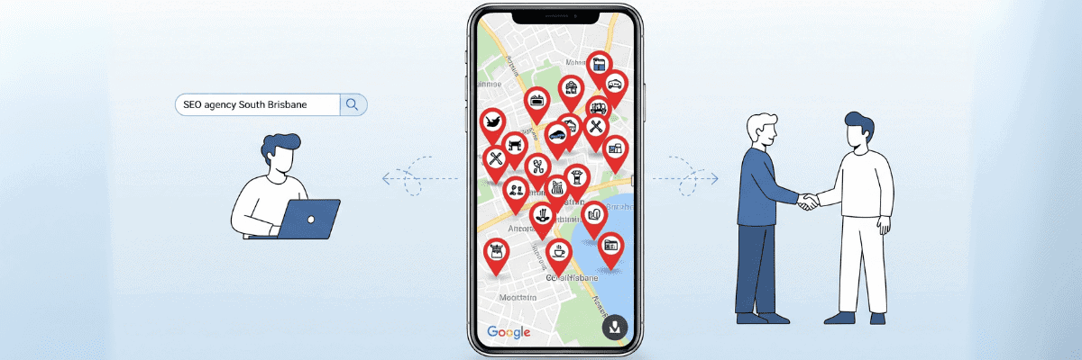 SEO agency South Brisbane team optimizing websites with Brisbane skyline