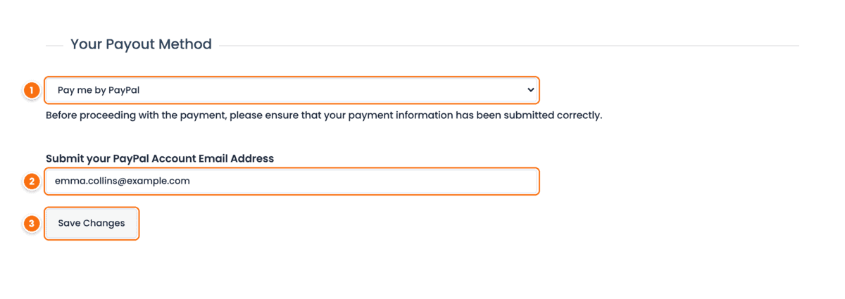 Payout Details in the Ultimate Affiliate Pro Affiliate Portal with Pay me by PayPal selected, the PayPal Account Email Address field and the Save Changes button