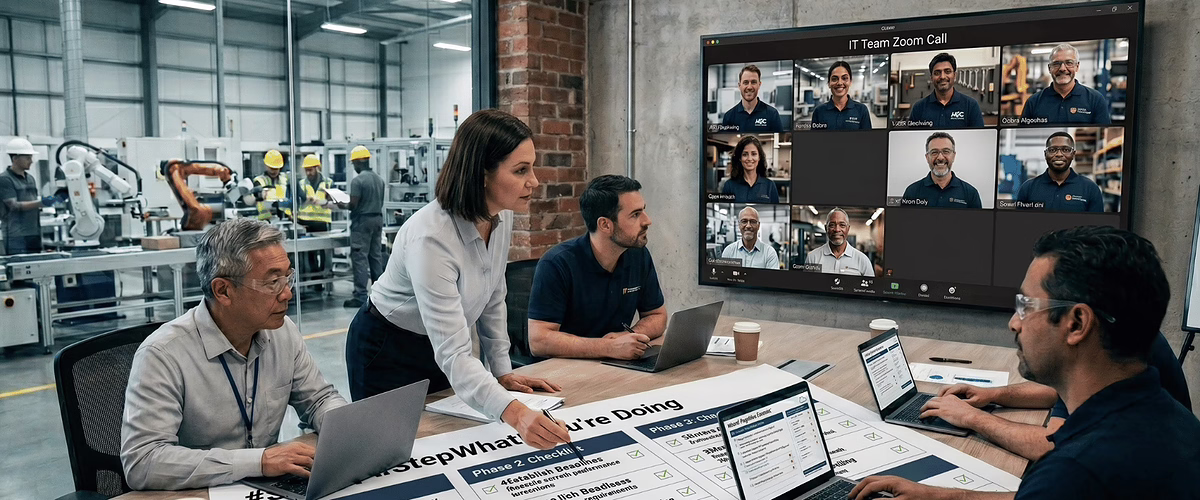 IT team reviewing cloud migration checklist for manufacturing company