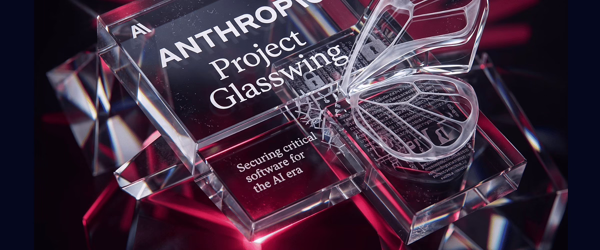 Anthropic Project Glasswing concept render — crystal sculpture with glasswing butterfly wing detail and red prism lighting on a dark reflective surface