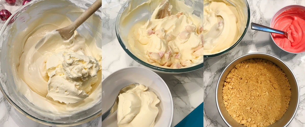 Adding truffles to the Strawberries and Cream Cheesecake mix