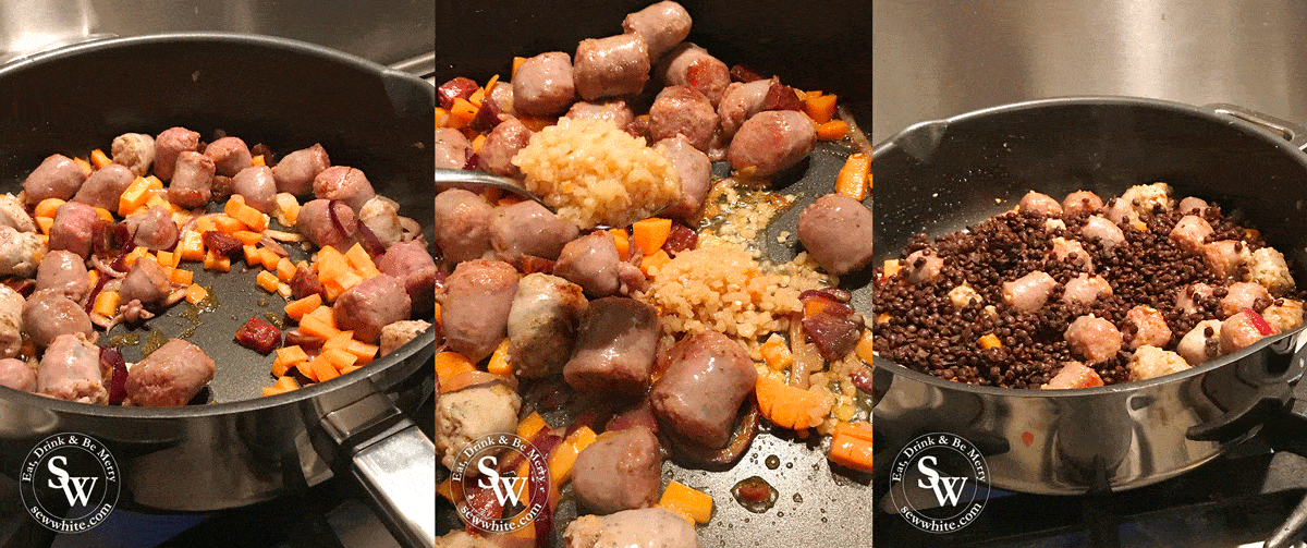 how to making steps for the Sausage and Lentil Pasta adding the sausages and ready cooked lentils