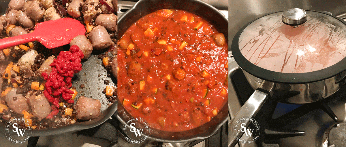 how to making steps for the Sausage and Lentil Pasta adding the tomato sauce