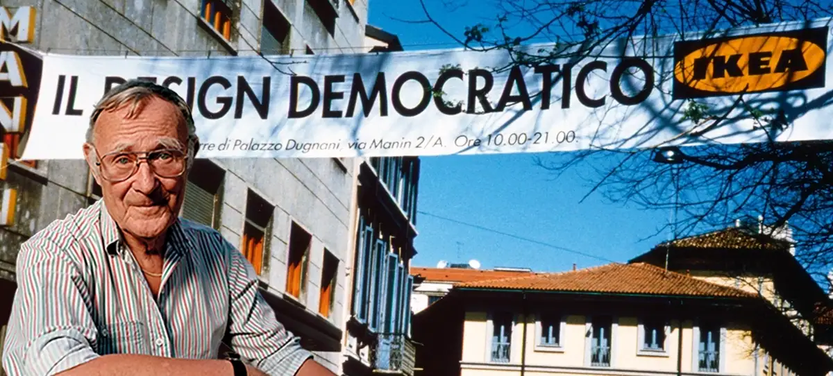 Ikeas slogan Demokratisk design och Ingvar Kamprad.