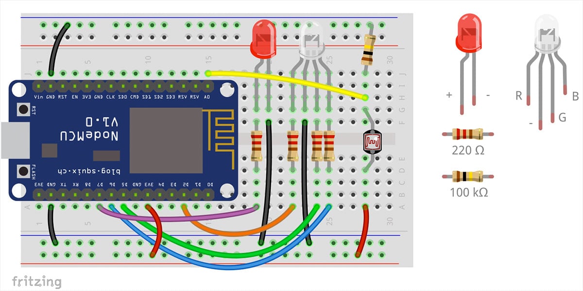 Arduino NodeMCU mit LED, RGB und LDR Schaltplan