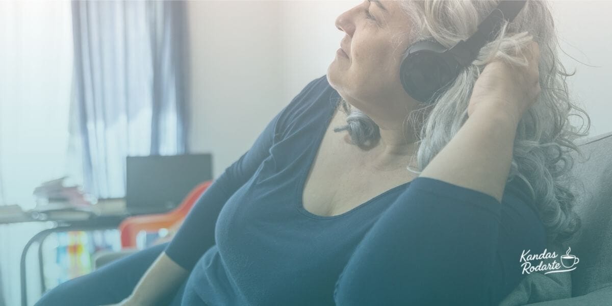 Woman listening to podcast