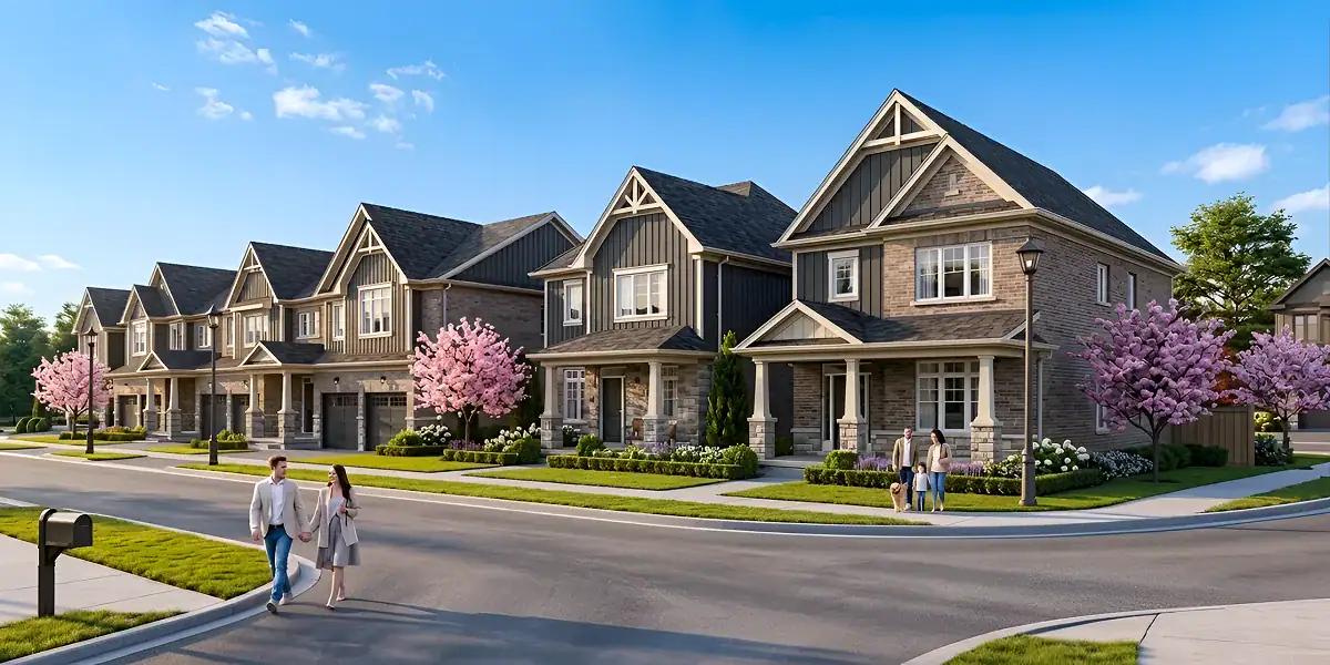 Architectural rendering of a residential streetscape in the Avondale Village community, showcasing a row of modern two-story detached homes and townhouses with gabled roofs, stone accents, manicured lawns, and blooming pink cherry blossom trees under a blue sky.