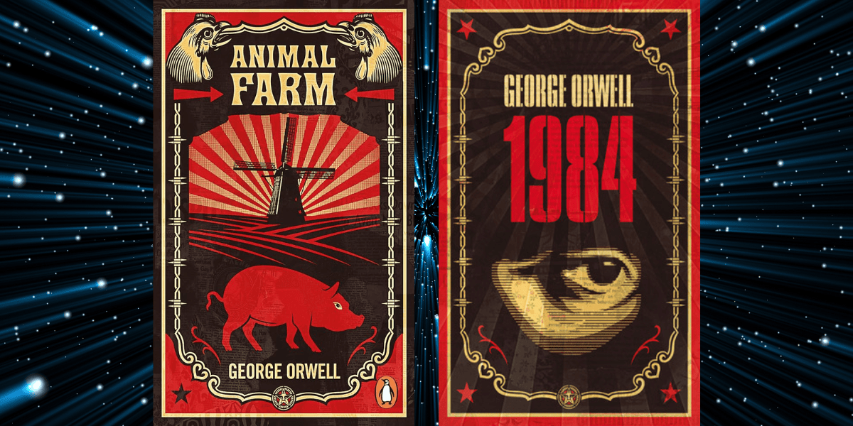 Two book covers side by side: Animal Farm with a red pig and sunburst design, and 1984 with a large eye—both by George Orwell—set against a dynamic, blue star-streaked background, as if inviting you to travel in time through classic literature.