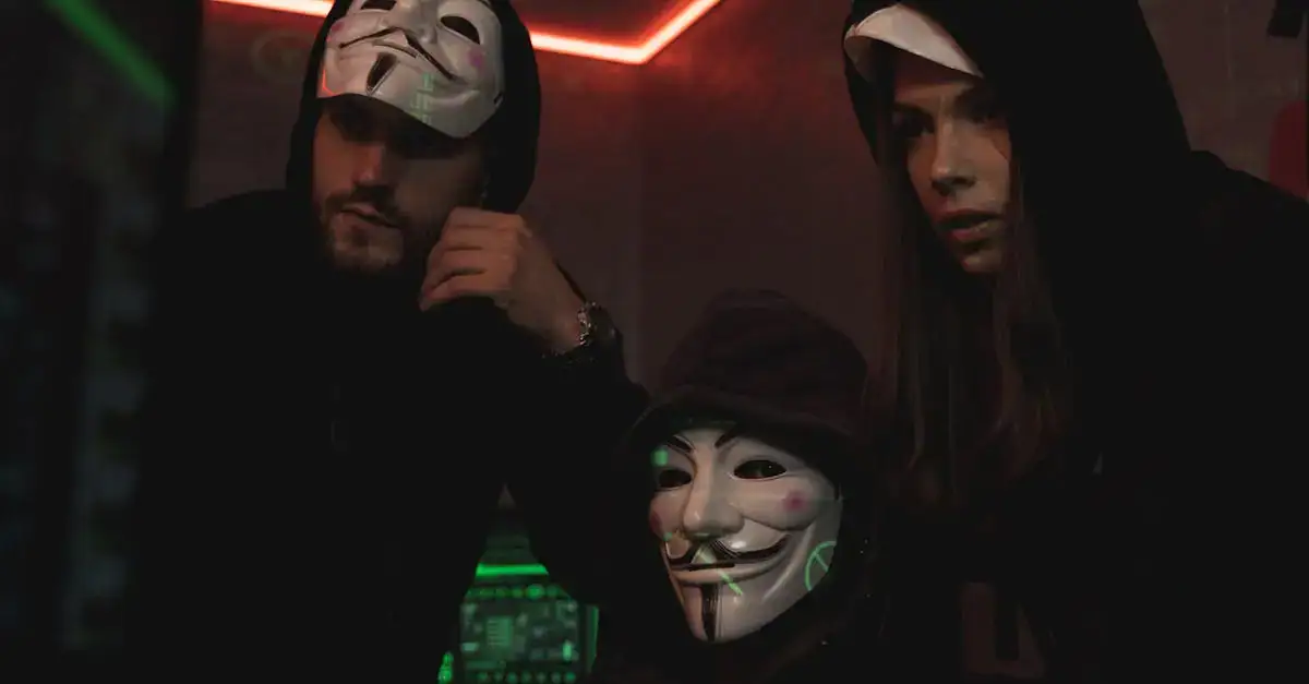 A group of people wearing Guy Fawkes masks in a dark tech-themed room, suggesting anonymity and hacking activities.