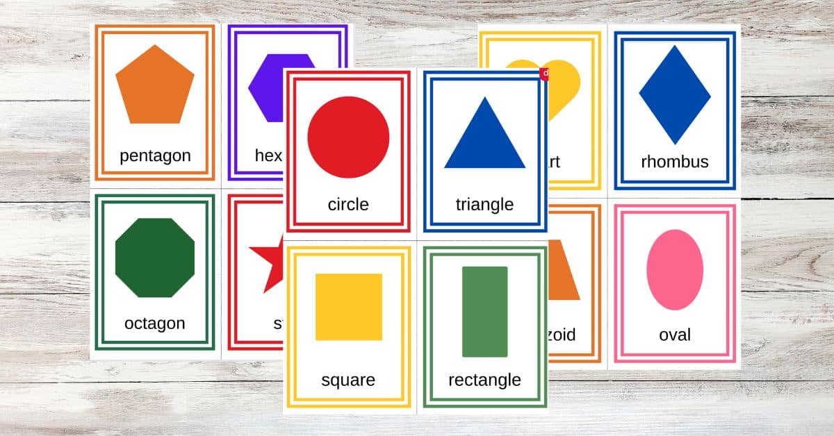 three pages of shapes flashcards with four shapes per page